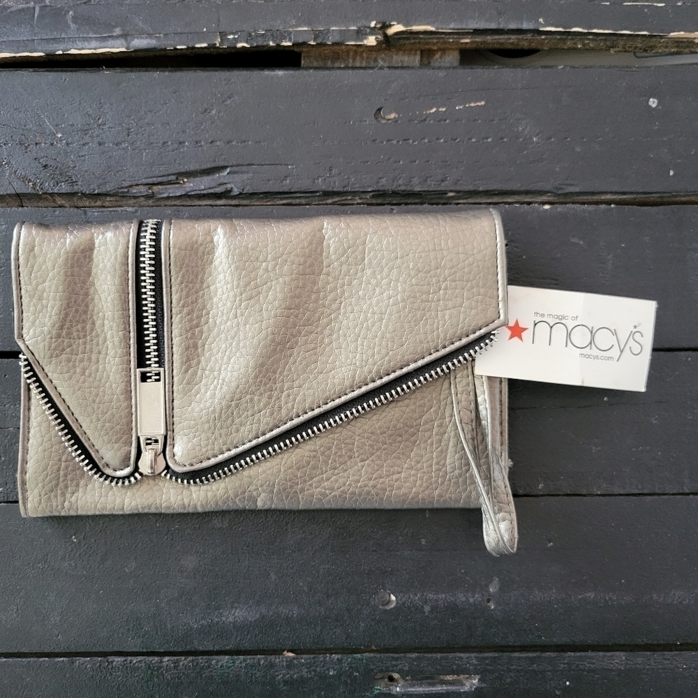 Macy's NWT Pewter Wristlet Clutch Bag Wallet Moto Zipper